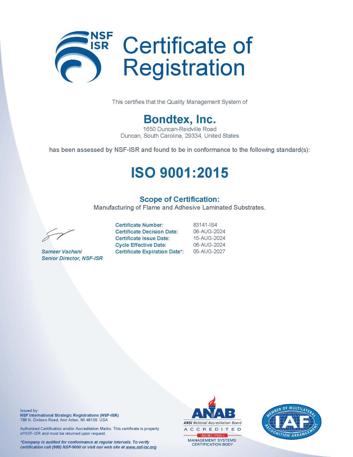 Bondtex Corporation - Certification - Bondtex, Inc.