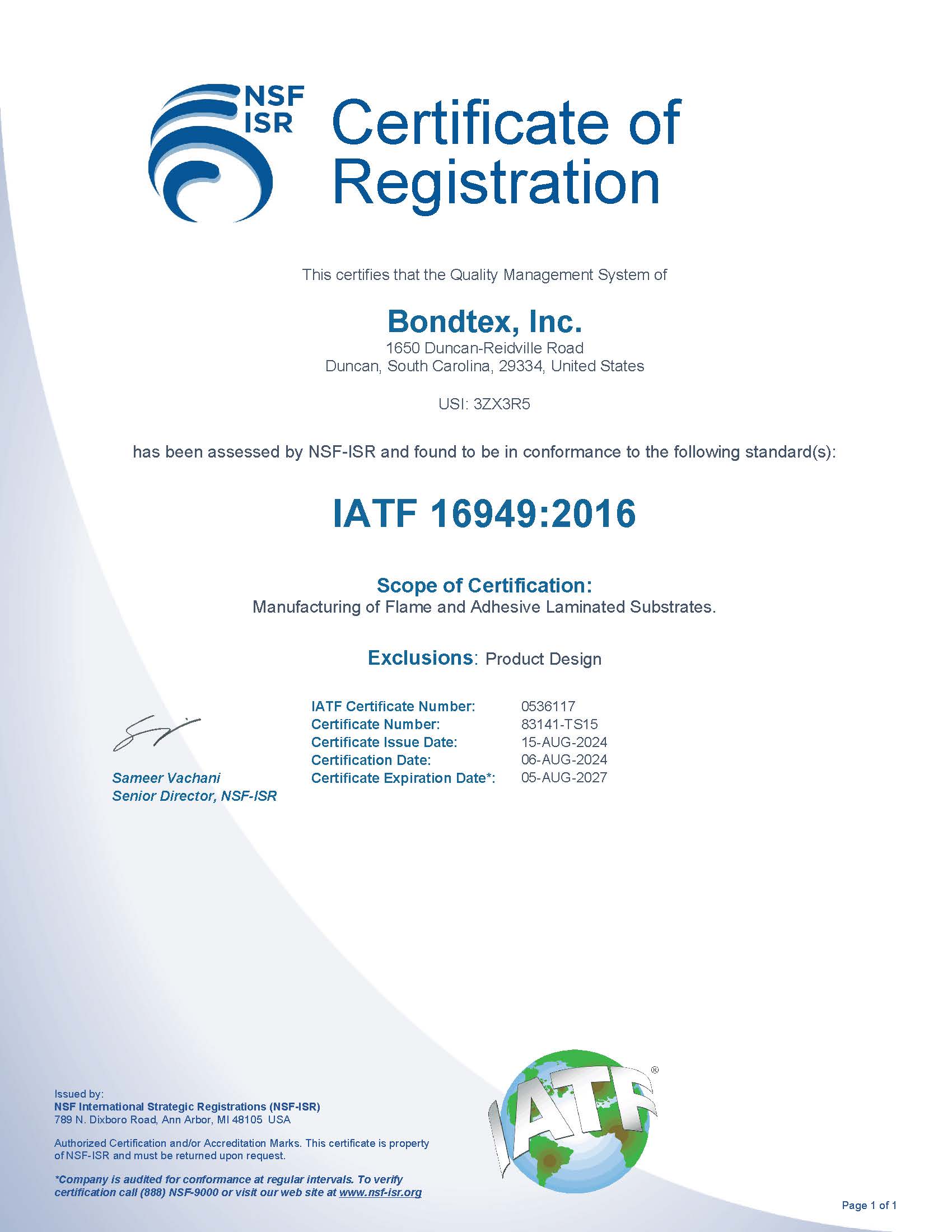 Bondtex Corporation - Certification - Bondtex, Inc.